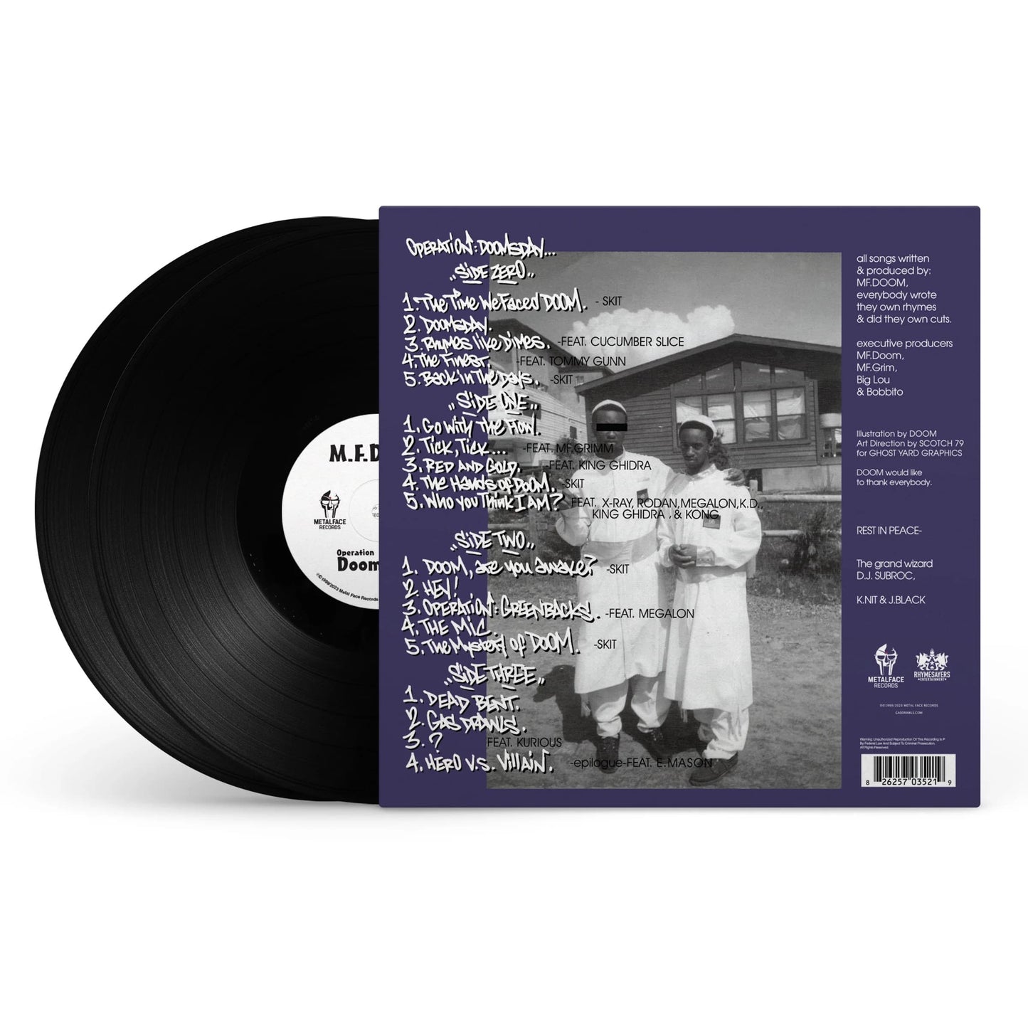 Vinyl record with purple label featuring black and white photo and text