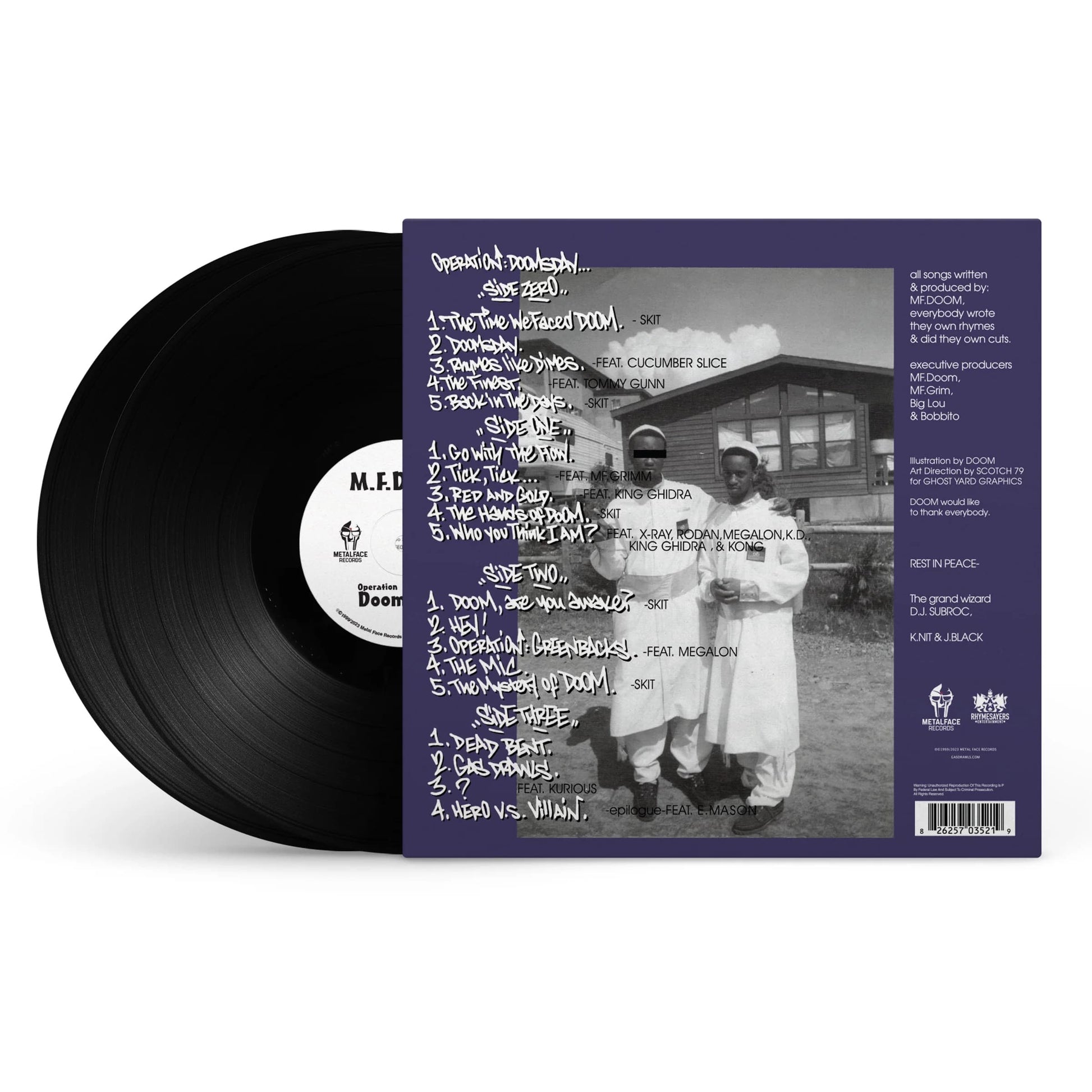 Vinyl record with purple label featuring black and white photo and text