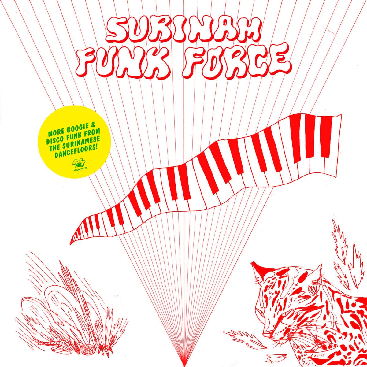 Cover art for Surinam Funk Force depicting a psychedelic keyboard and leopard drawn in red against a white background.