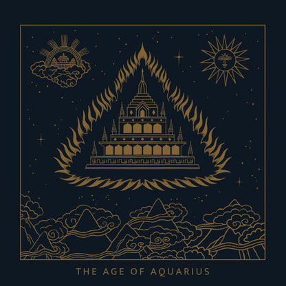 Decorative design with temple, mountains, and celestial elements on a dark background with 'The Age of Aquarius' text.
