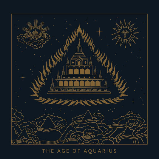 Decorative design with temple, mountains, and celestial elements on a dark background with 'The Age of Aquarius' text.